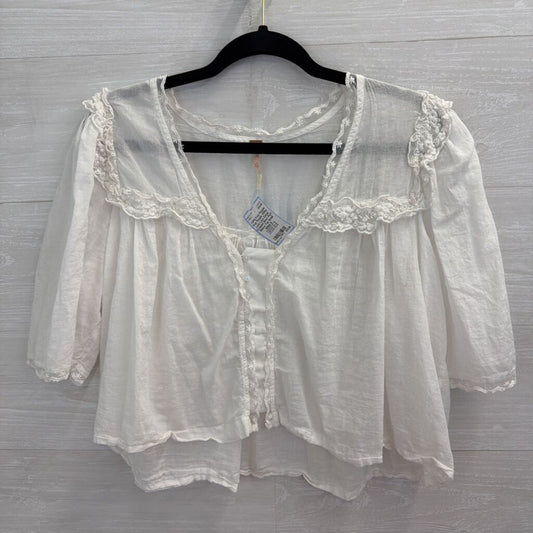 Free People White Luna Lace Detail Cropped Short Puff Sleeve Top Small