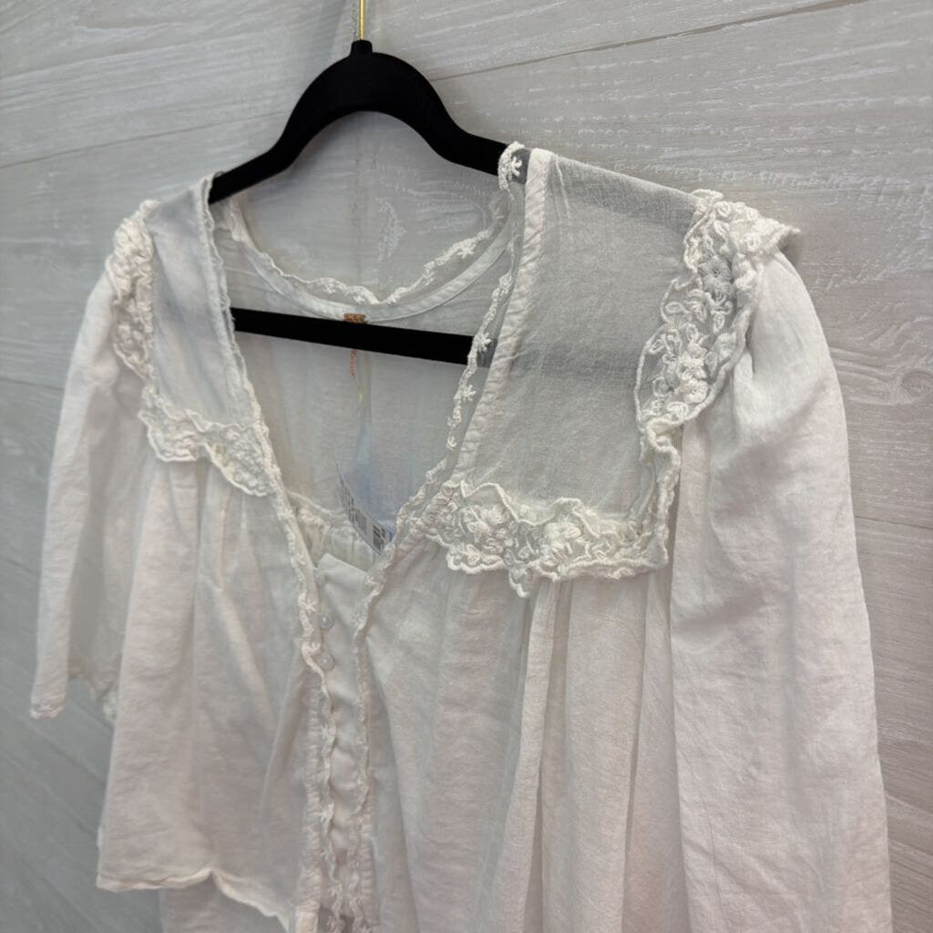 Free People White Luna Lace Detail Cropped Short Puff Sleeve Top Small