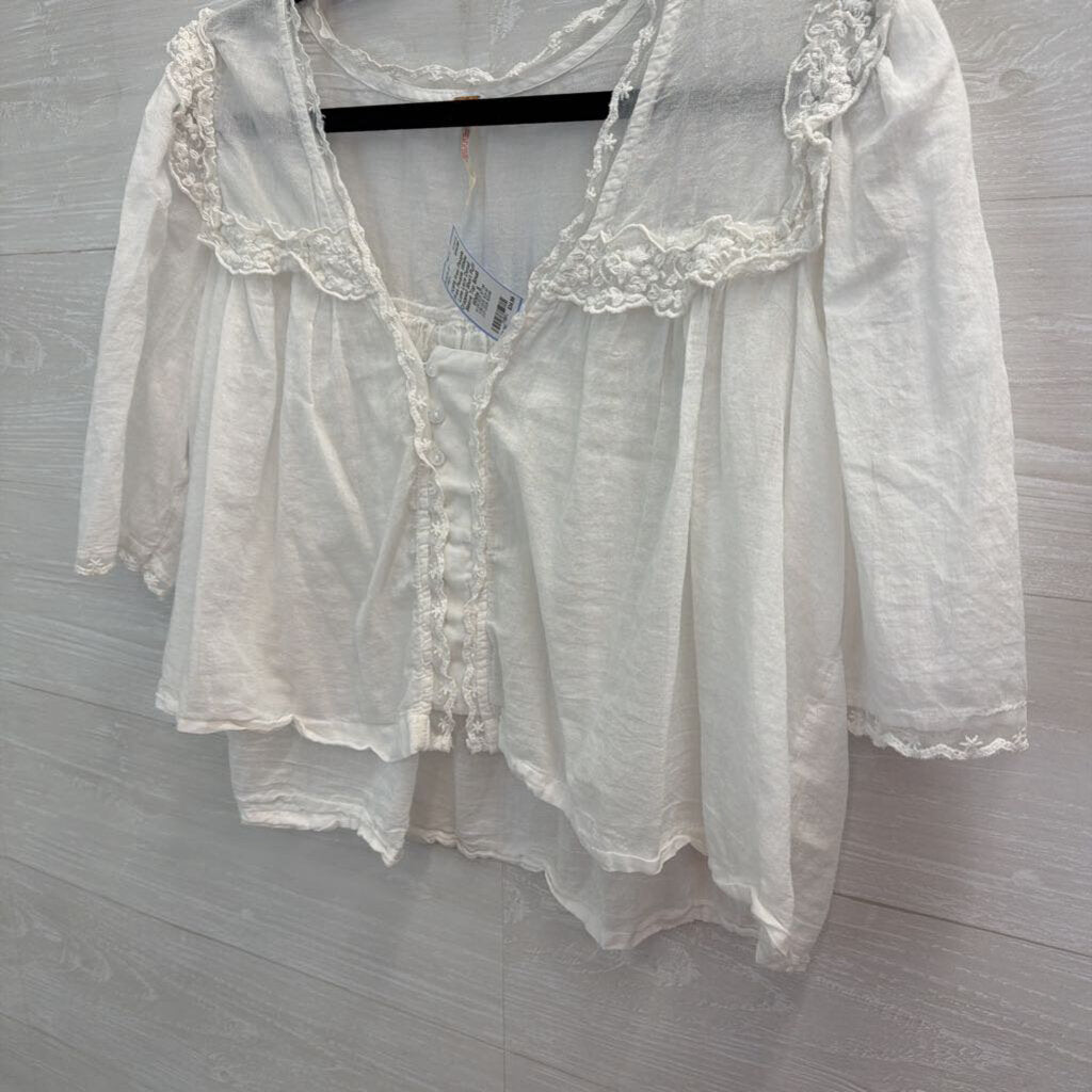 Free People White Luna Lace Detail Cropped Short Puff Sleeve Top Small