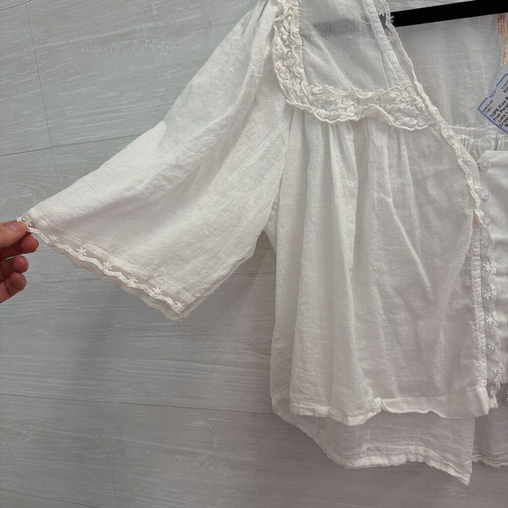 Free People White Luna Lace Detail Cropped Short Puff Sleeve Top Small