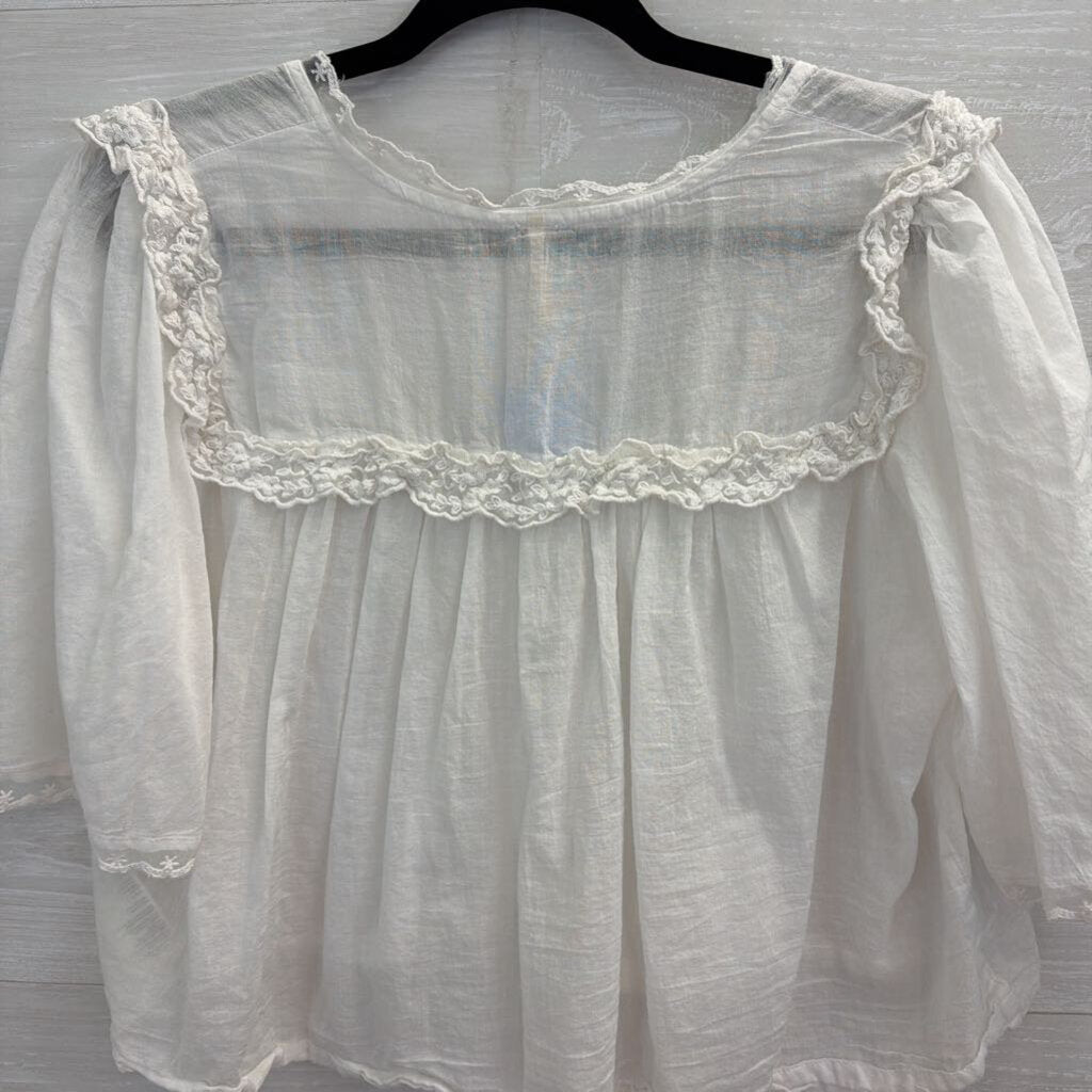 Free People White Luna Lace Detail Cropped Short Puff Sleeve Top Small
