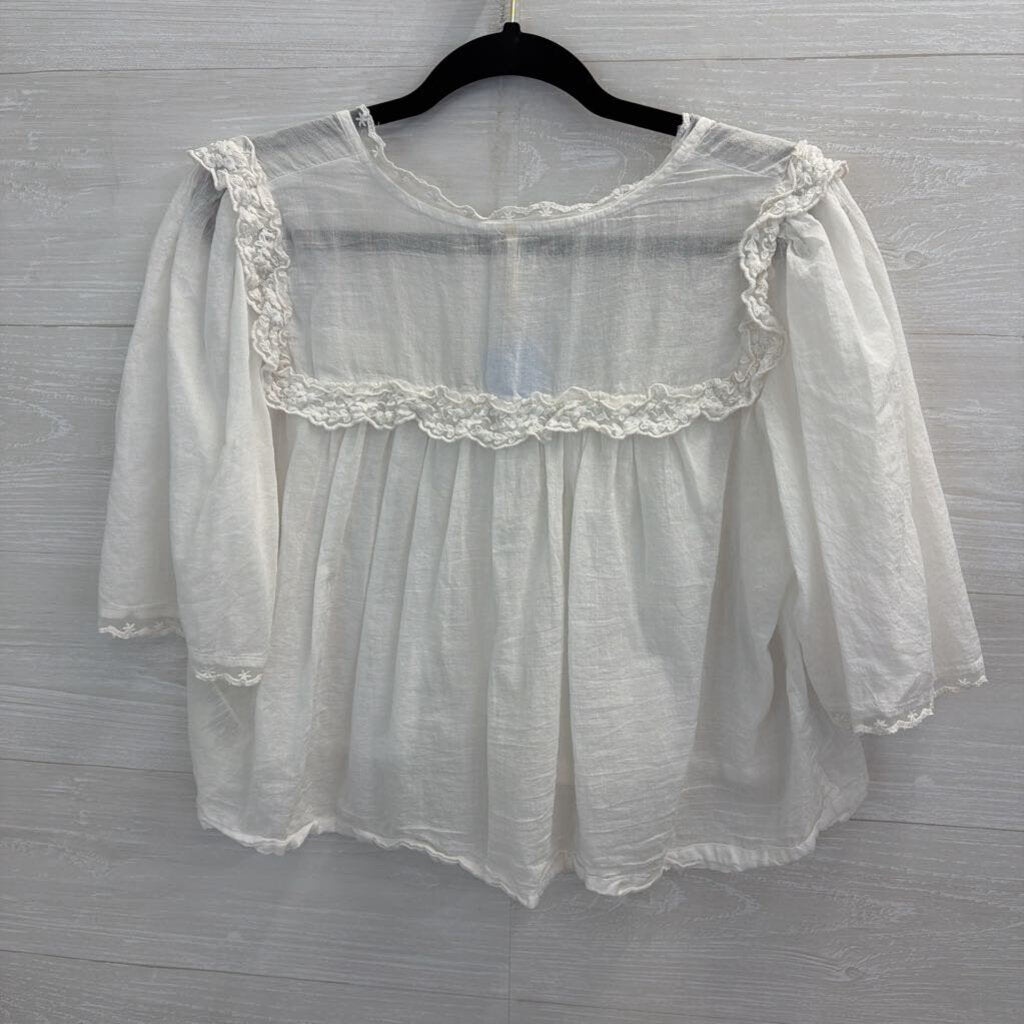 Free People White Luna Lace Detail Cropped Short Puff Sleeve Top Small