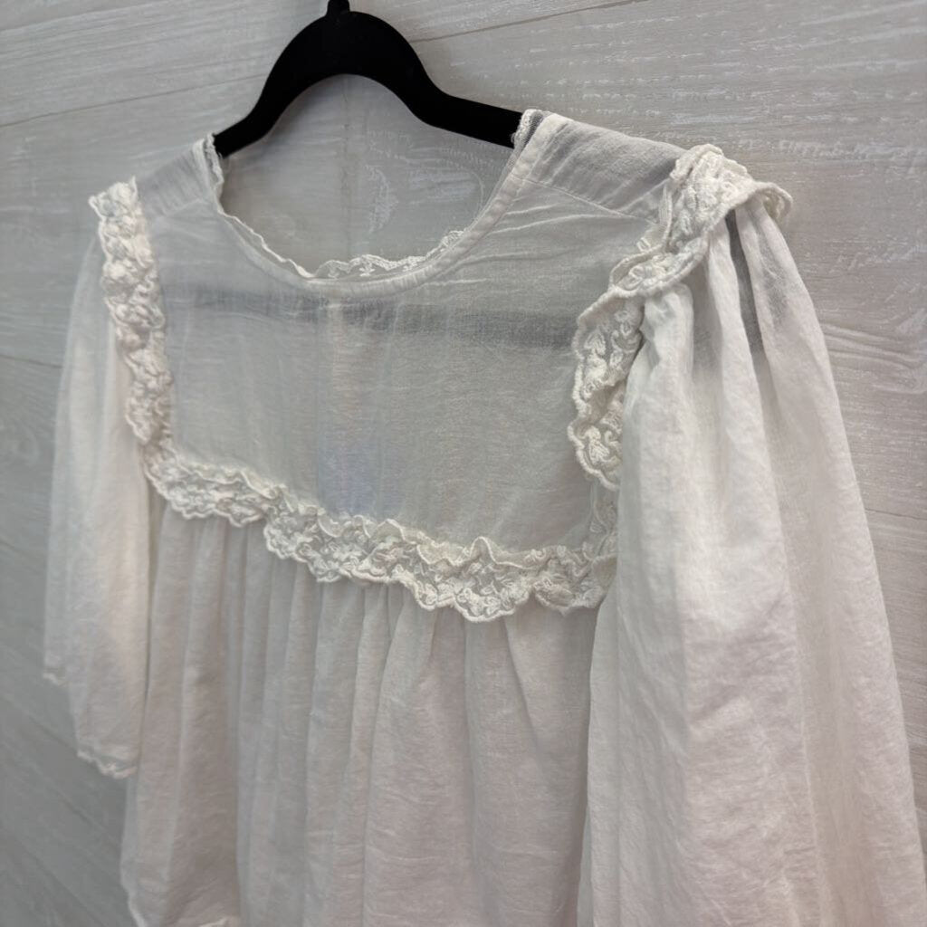 Free People White Luna Lace Detail Cropped Short Puff Sleeve Top Small