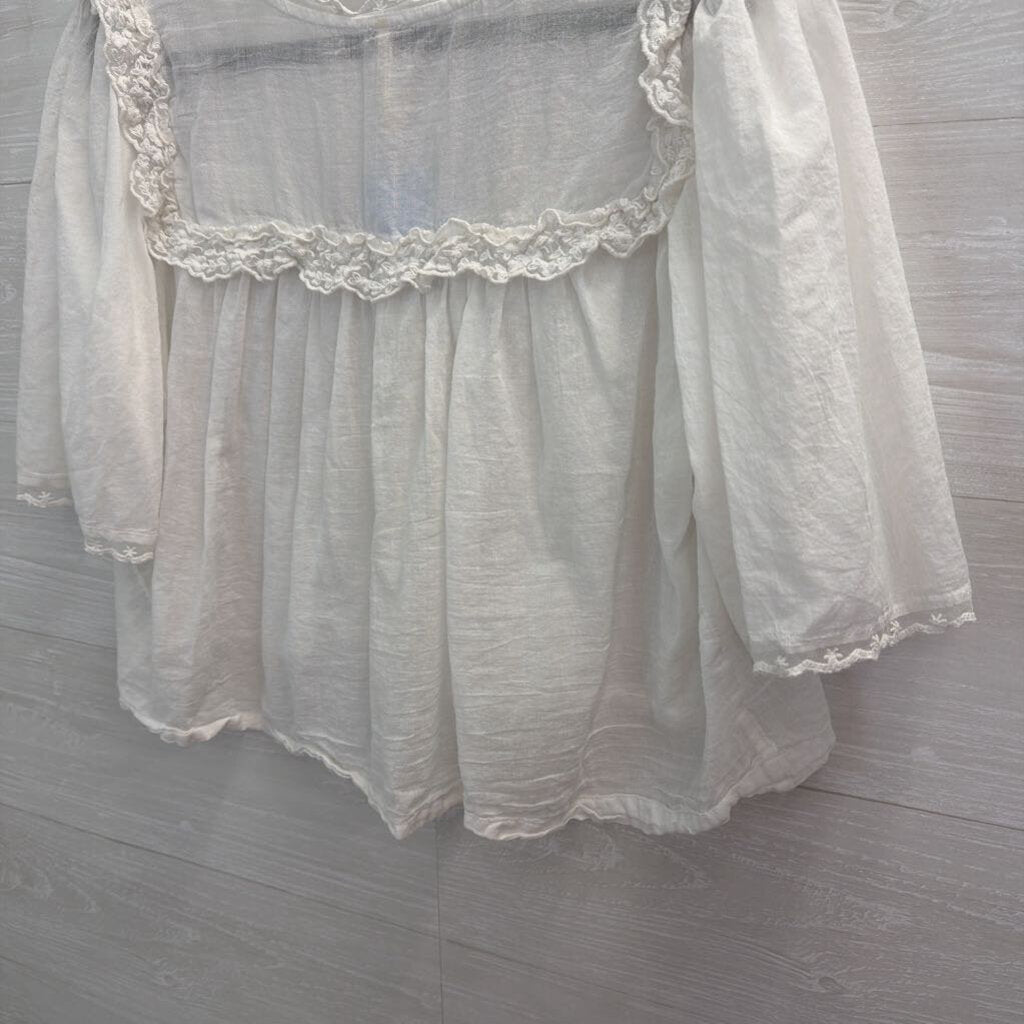 Free People White Luna Lace Detail Cropped Short Puff Sleeve Top Small