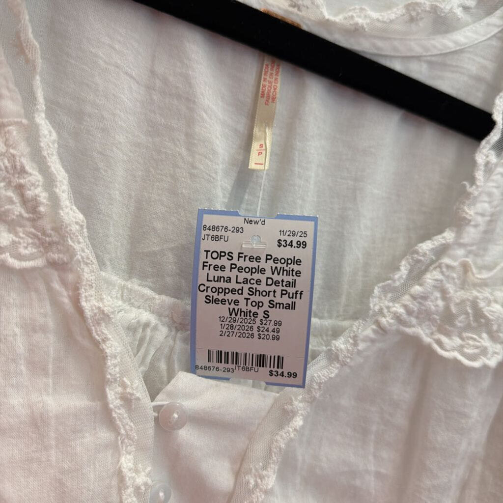 Free People White Luna Lace Detail Cropped Short Puff Sleeve Top Small