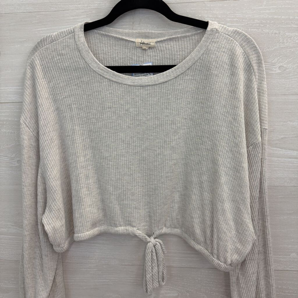 Bittersweet Grey Ribbed Cropped Tie Waist Long Sleeve Top Medium