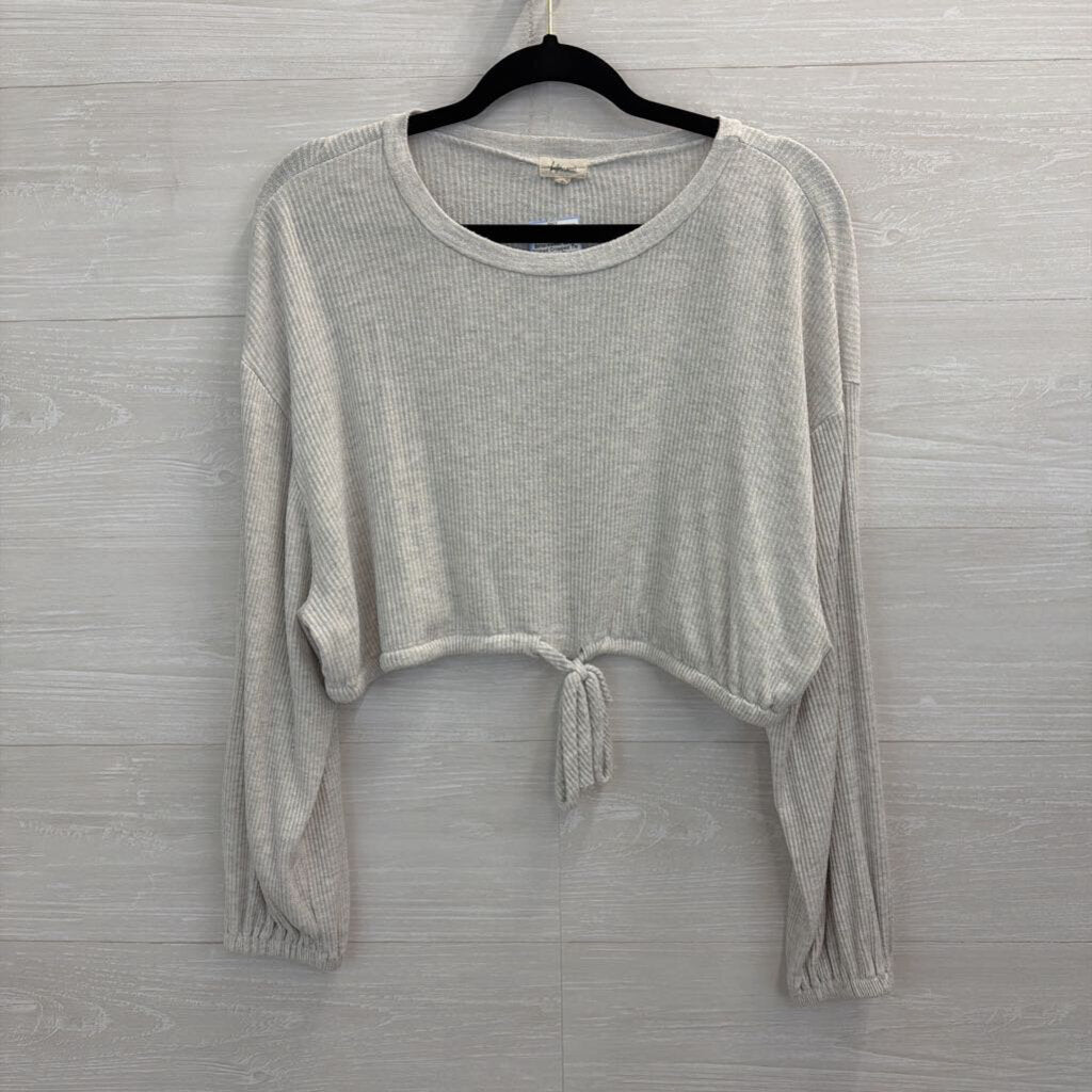 Bittersweet Grey Ribbed Cropped Tie Waist Long Sleeve Top Medium