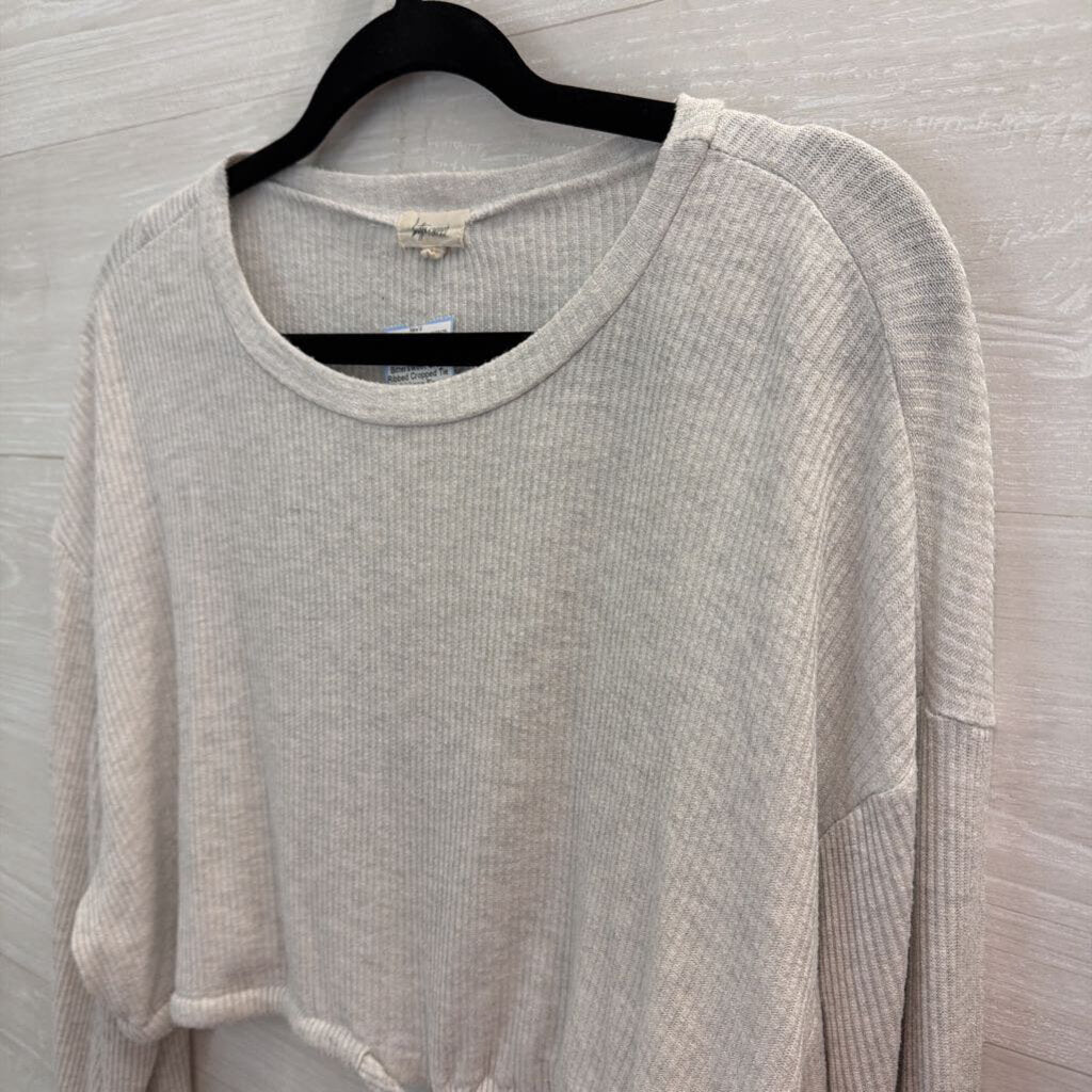 Bittersweet Grey Ribbed Cropped Tie Waist Long Sleeve Top Medium