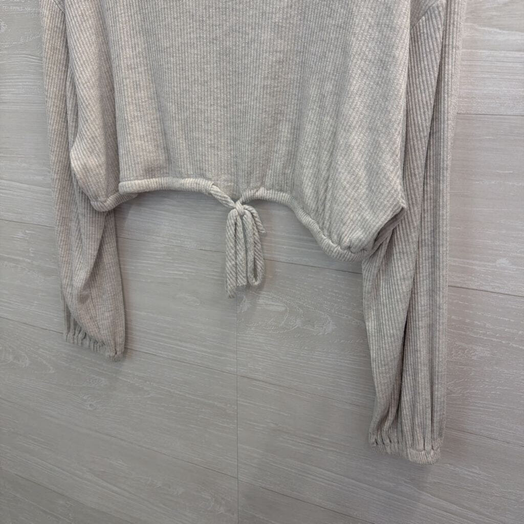 Bittersweet Grey Ribbed Cropped Tie Waist Long Sleeve Top Medium