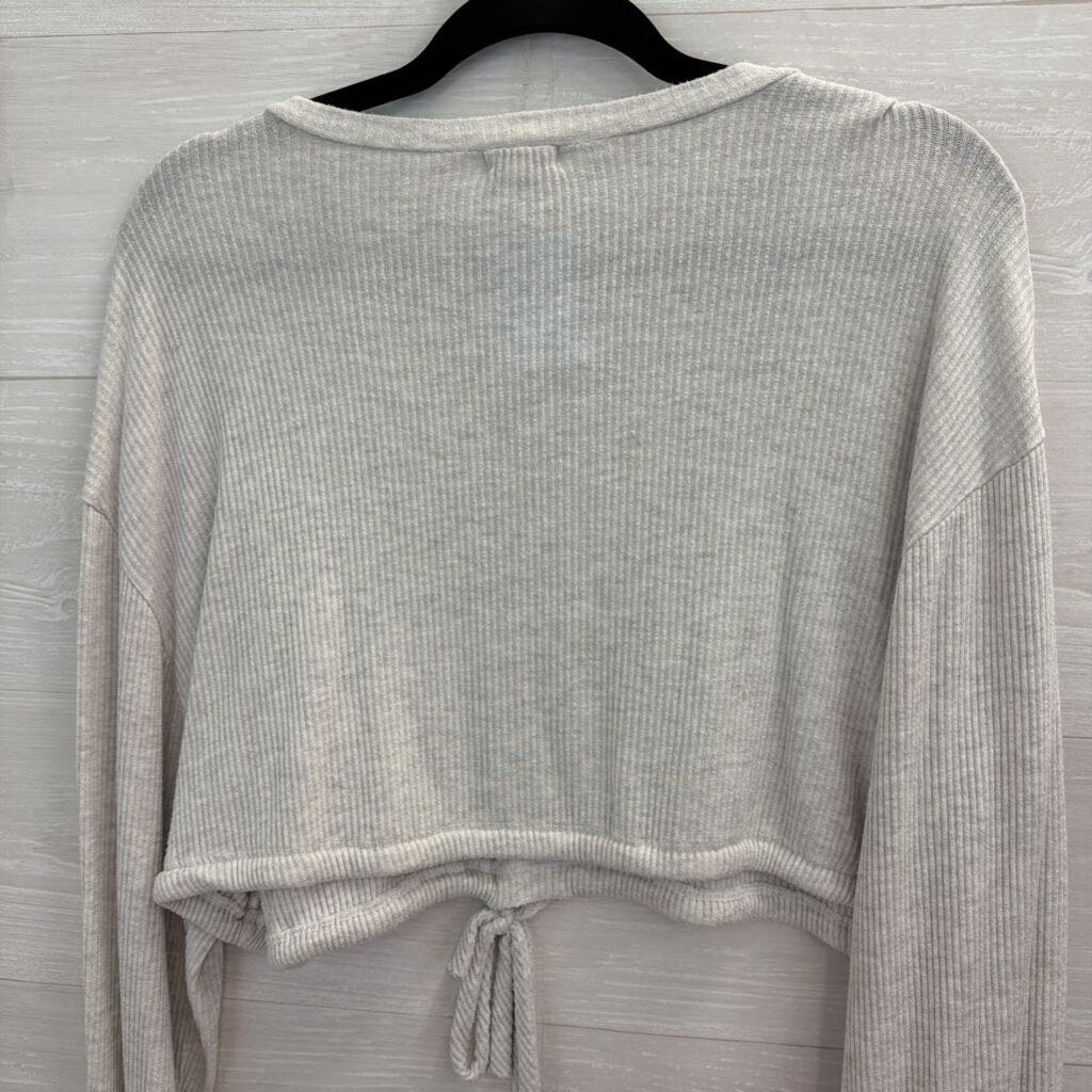 Bittersweet Grey Ribbed Cropped Tie Waist Long Sleeve Top Medium