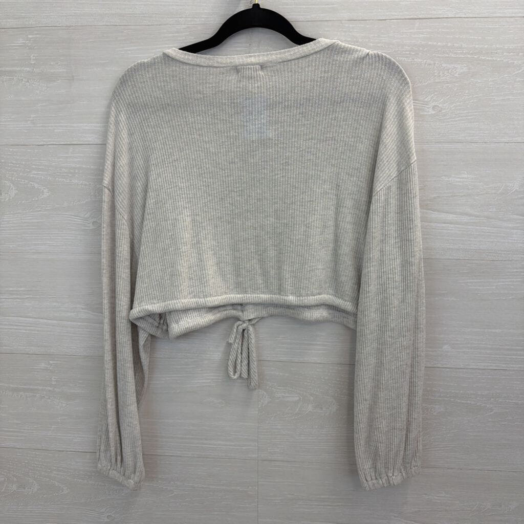 Bittersweet Grey Ribbed Cropped Tie Waist Long Sleeve Top Medium
