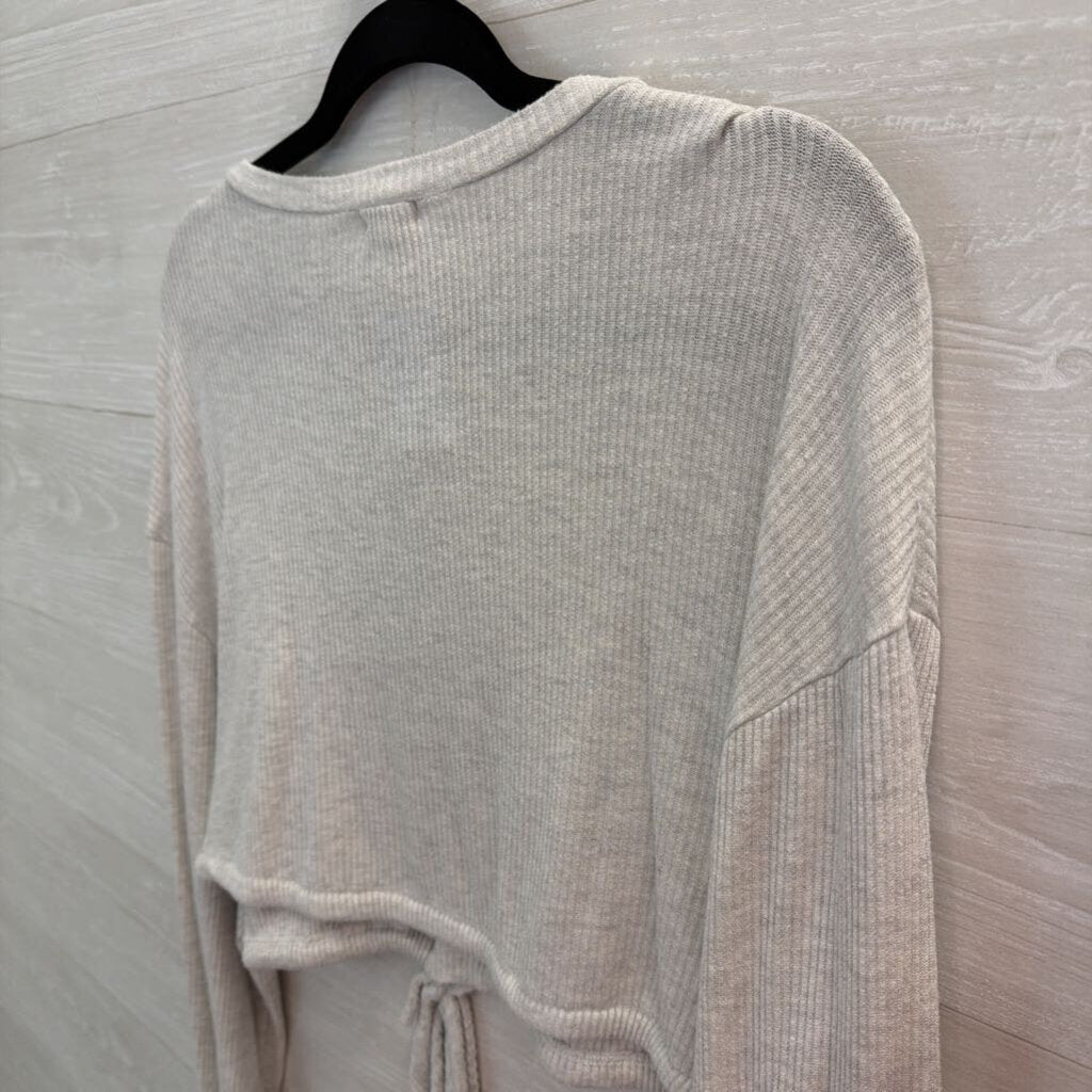 Bittersweet Grey Ribbed Cropped Tie Waist Long Sleeve Top Medium