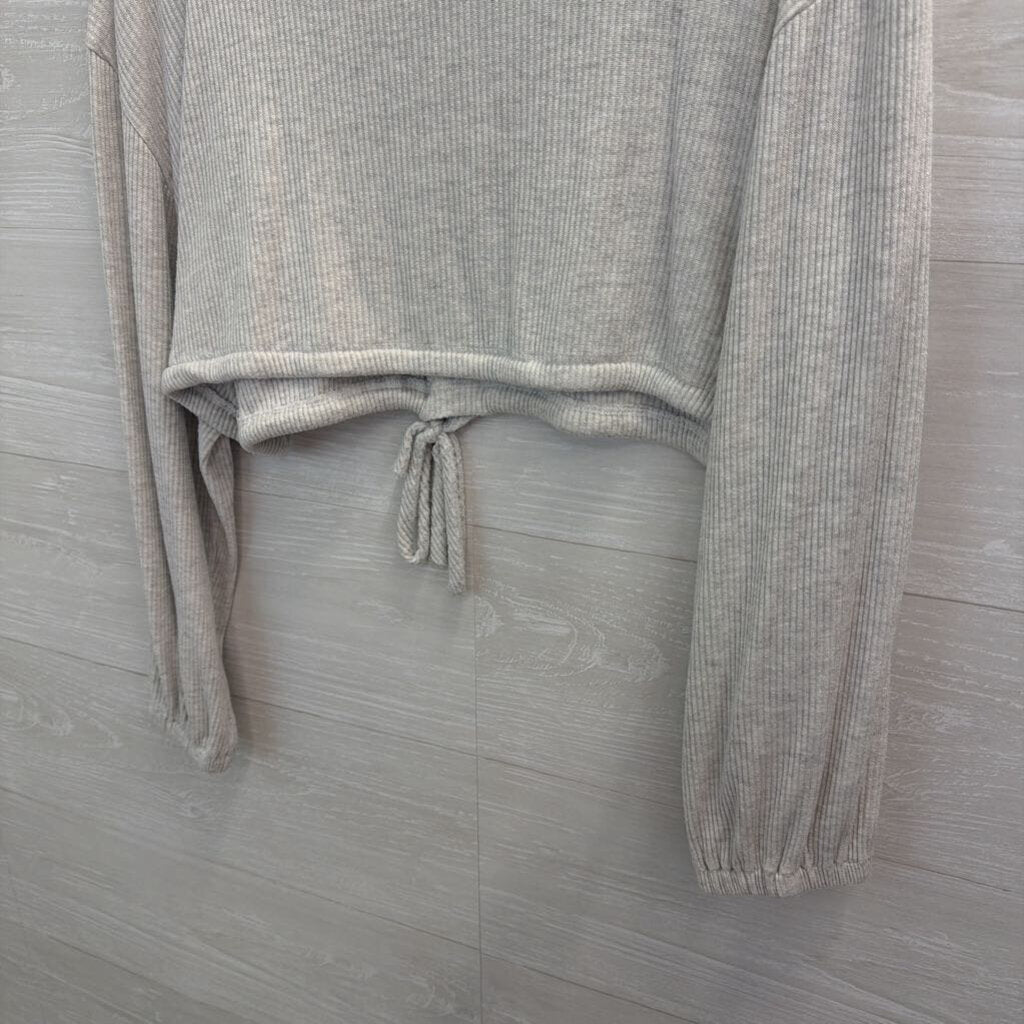 Bittersweet Grey Ribbed Cropped Tie Waist Long Sleeve Top Medium