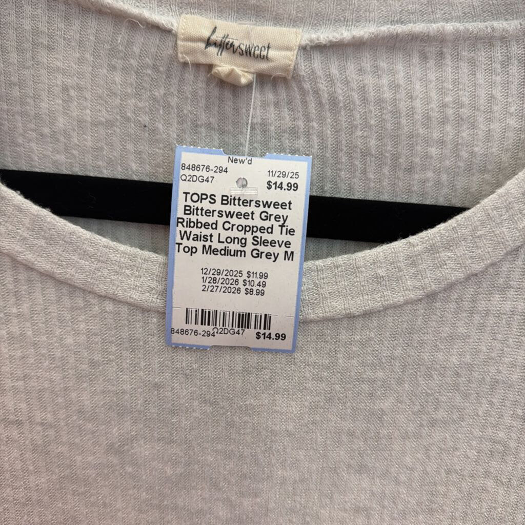 Bittersweet Grey Ribbed Cropped Tie Waist Long Sleeve Top Medium