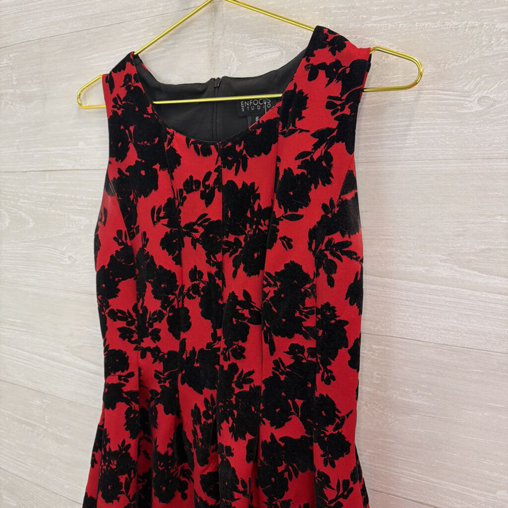 En Focus Red/ Black Velvet Floral Sleeveless Dress 6