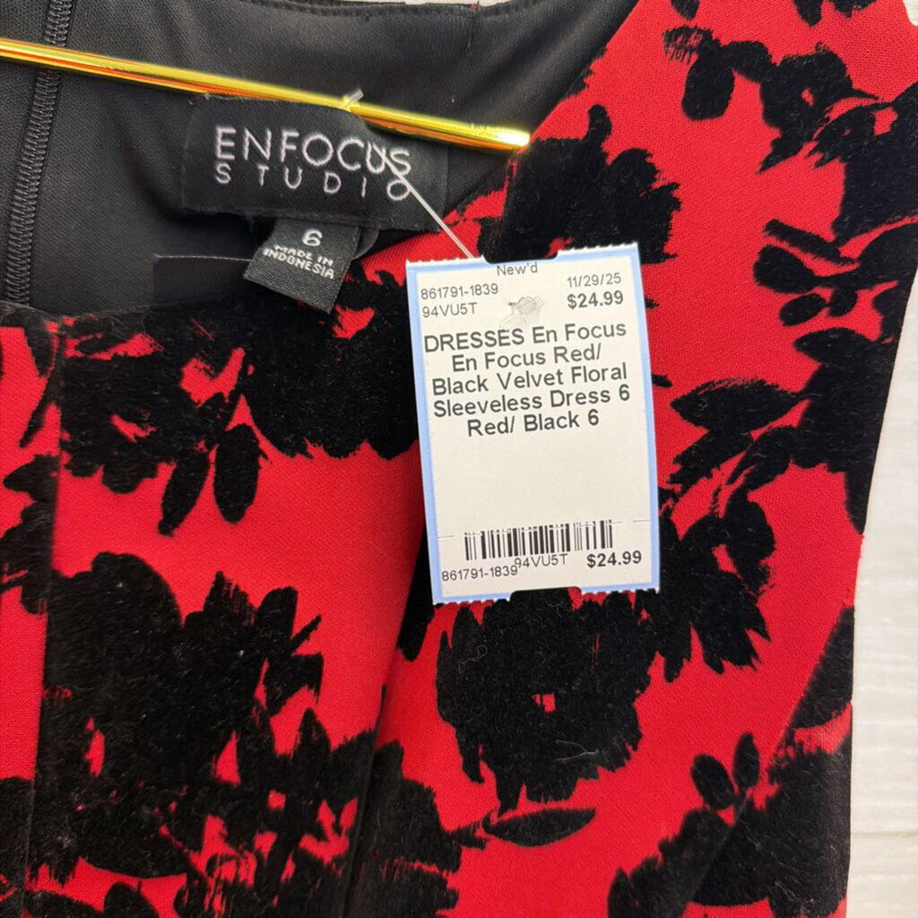 En Focus Red/ Black Velvet Floral Sleeveless Dress 6