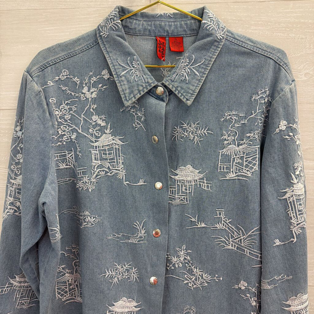 Look Last Blue Chambray Embroidered Print Long Sleeve Button Down Top Extra Large