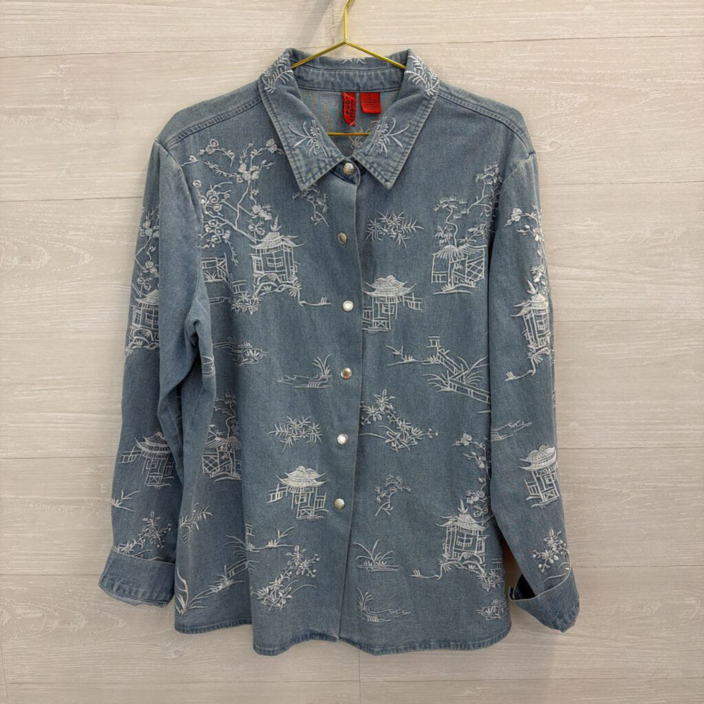 Look Last Blue Chambray Embroidered Print Long Sleeve Button Down Top Extra Large