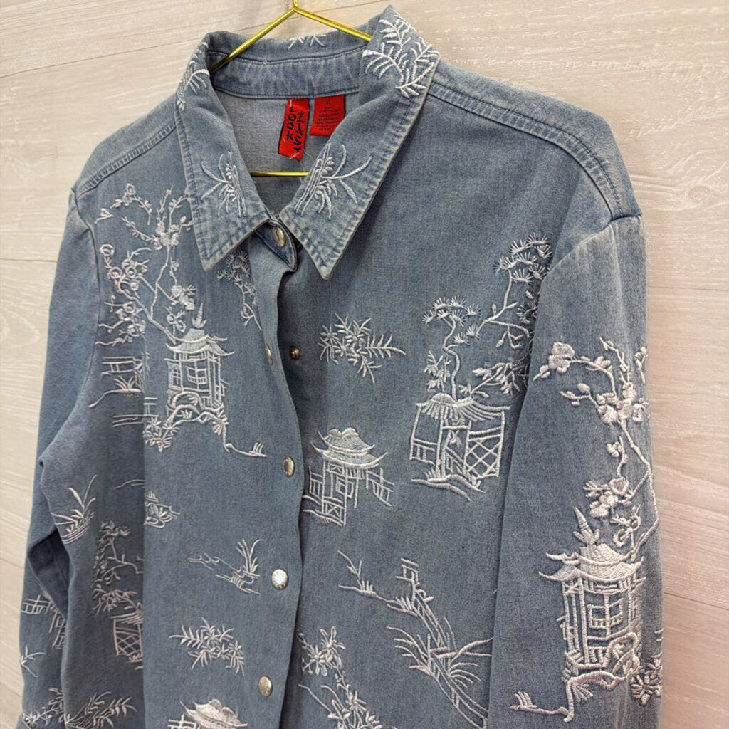 Look Last Blue Chambray Embroidered Print Long Sleeve Button Down Top Extra Large