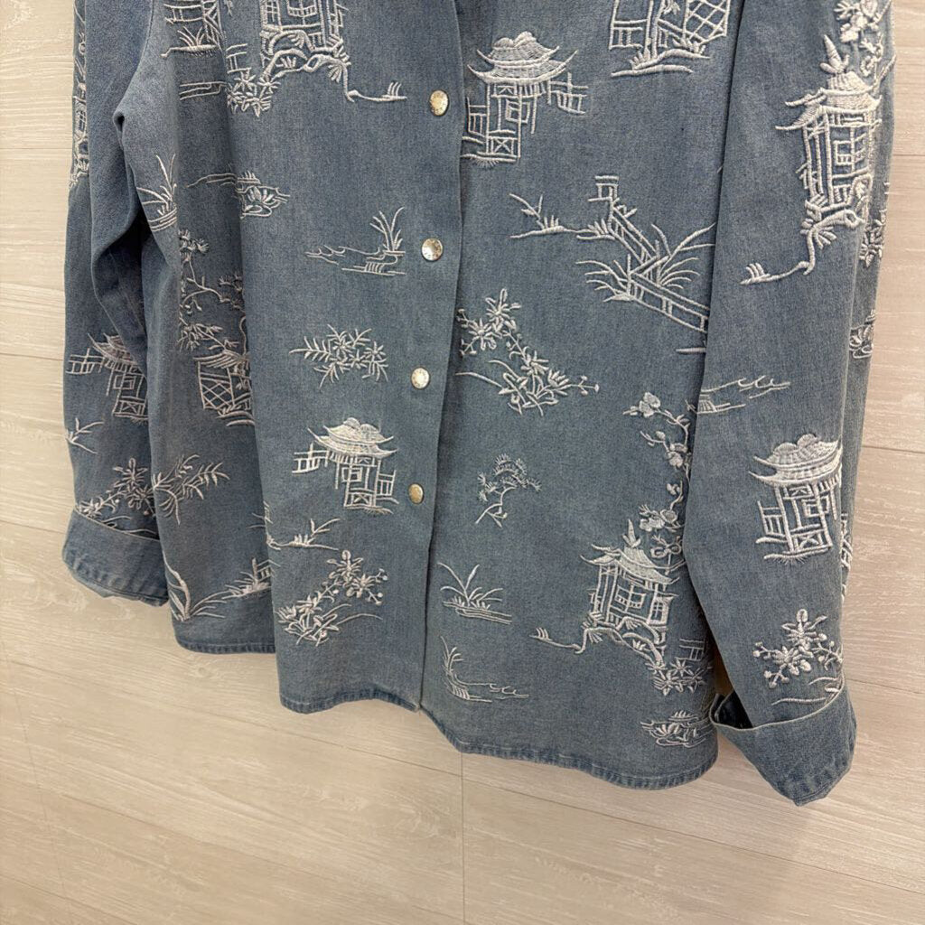 Look Last Blue Chambray Embroidered Print Long Sleeve Button Down Top Extra Large