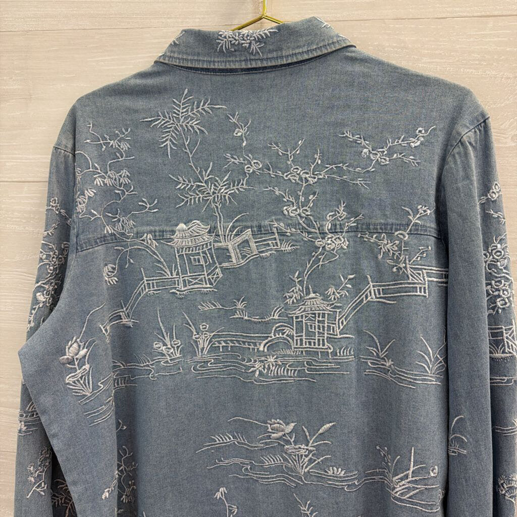 Look Last Blue Chambray Embroidered Print Long Sleeve Button Down Top Extra Large