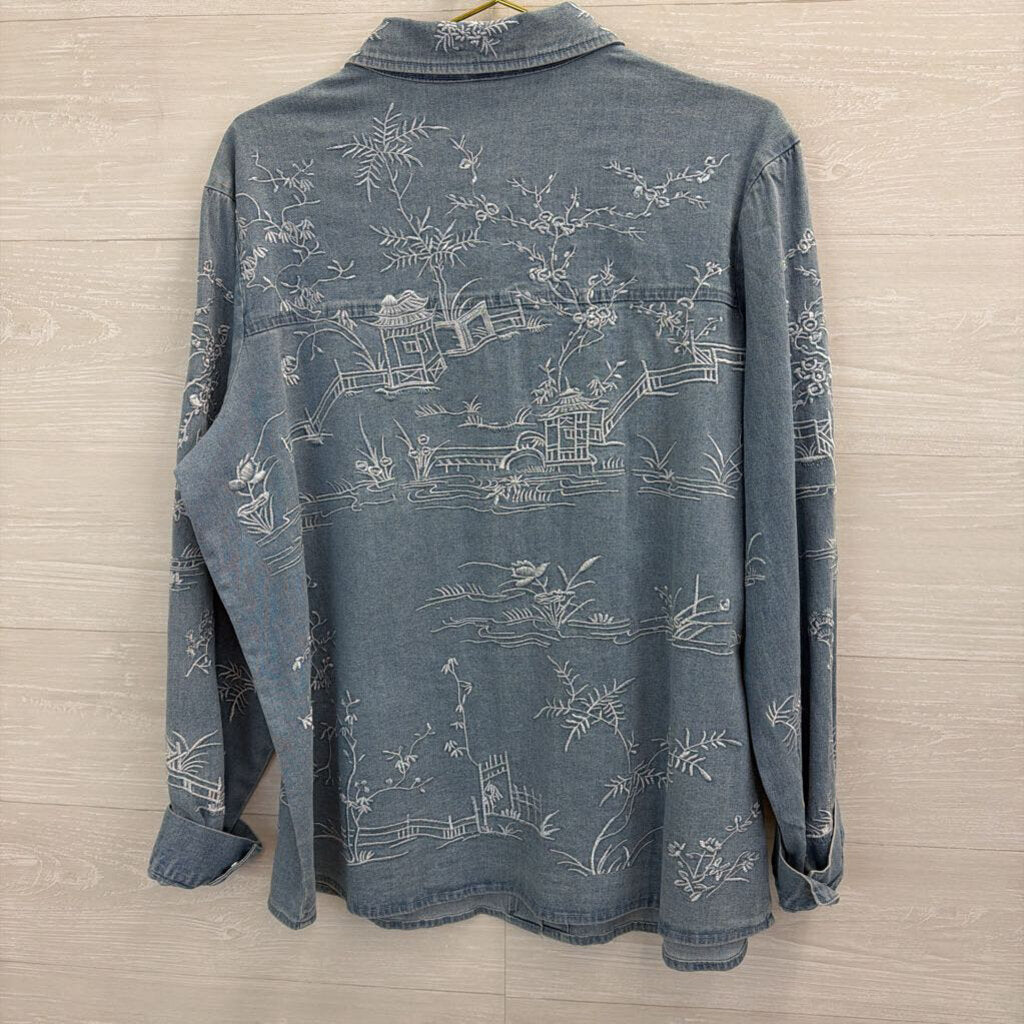 Look Last Blue Chambray Embroidered Print Long Sleeve Button Down Top Extra Large