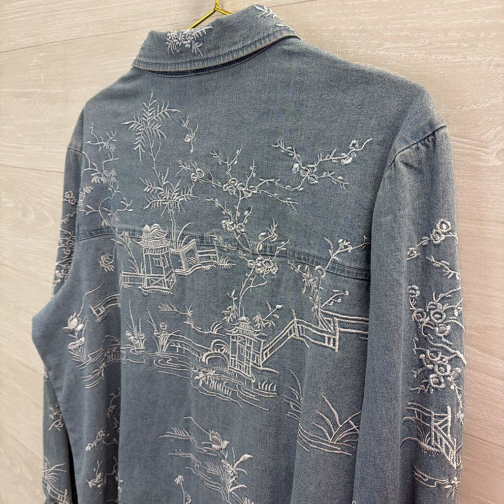 Look Last Blue Chambray Embroidered Print Long Sleeve Button Down Top Extra Large