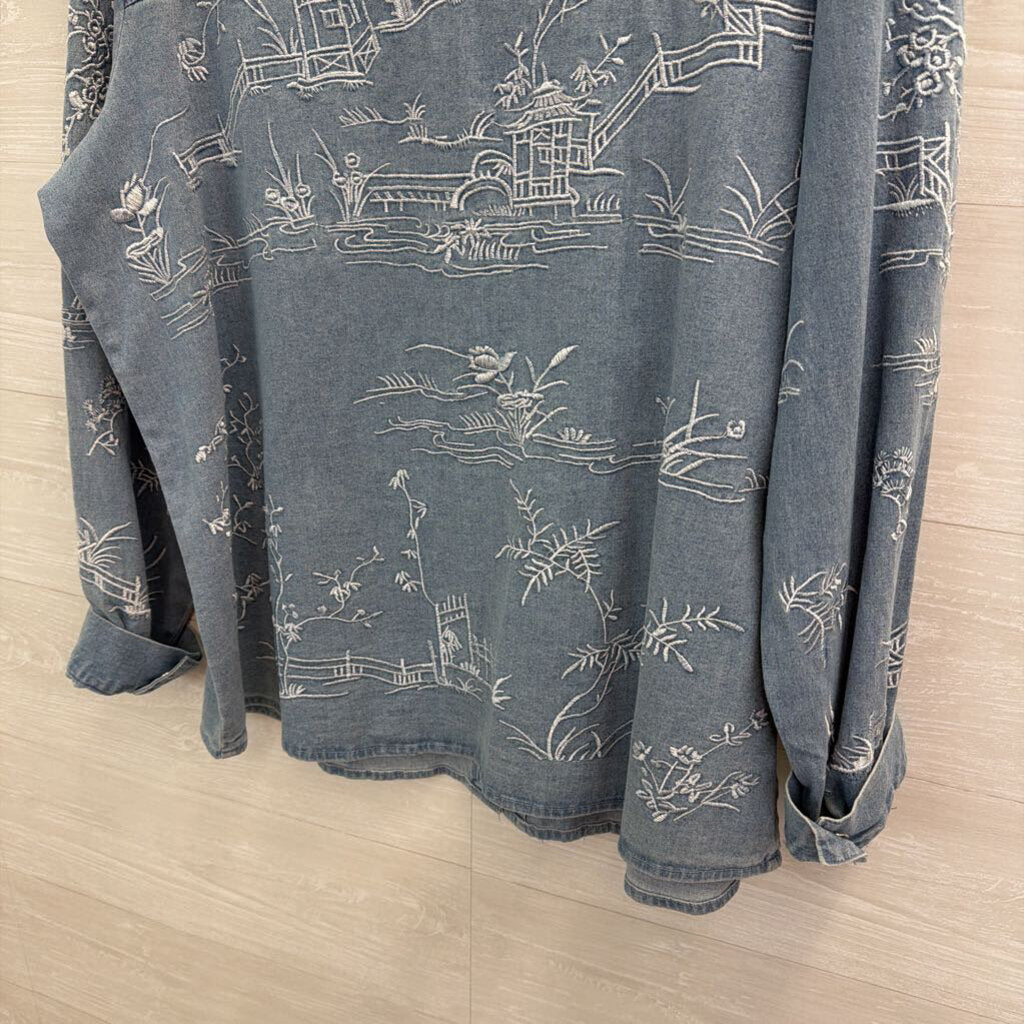 Look Last Blue Chambray Embroidered Print Long Sleeve Button Down Top Extra Large