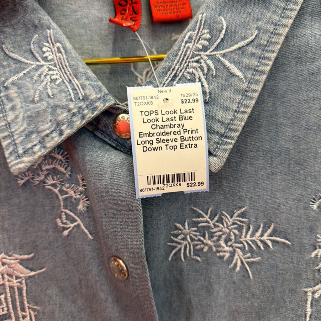 Look Last Blue Chambray Embroidered Print Long Sleeve Button Down Top Extra Large