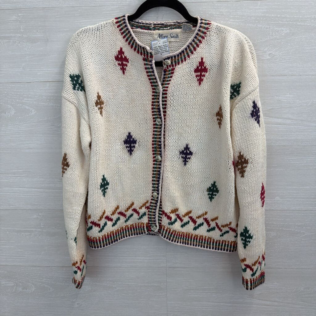 Vintage Allison Smith Cream/ Multi Print Cardigan Sweater Medium