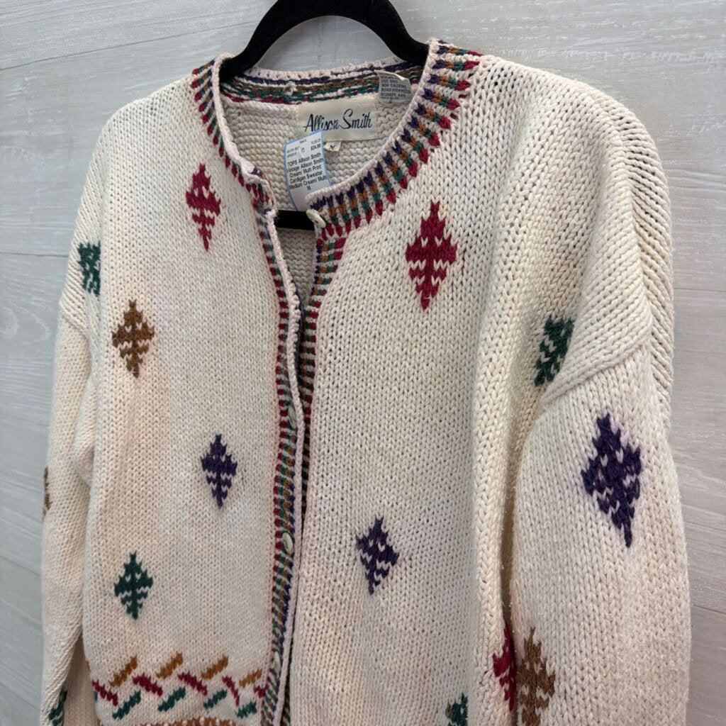 Vintage Allison Smith Cream/ Multi Print Cardigan Sweater Medium