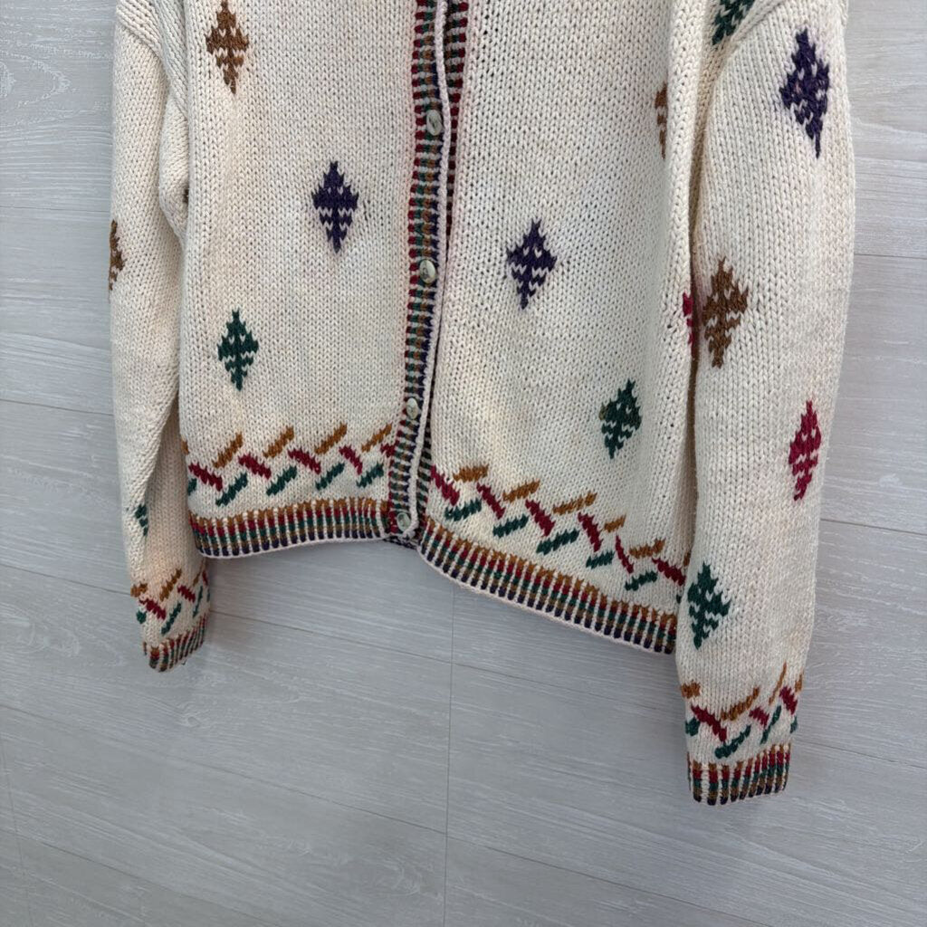 Vintage Allison Smith Cream/ Multi Print Cardigan Sweater Medium