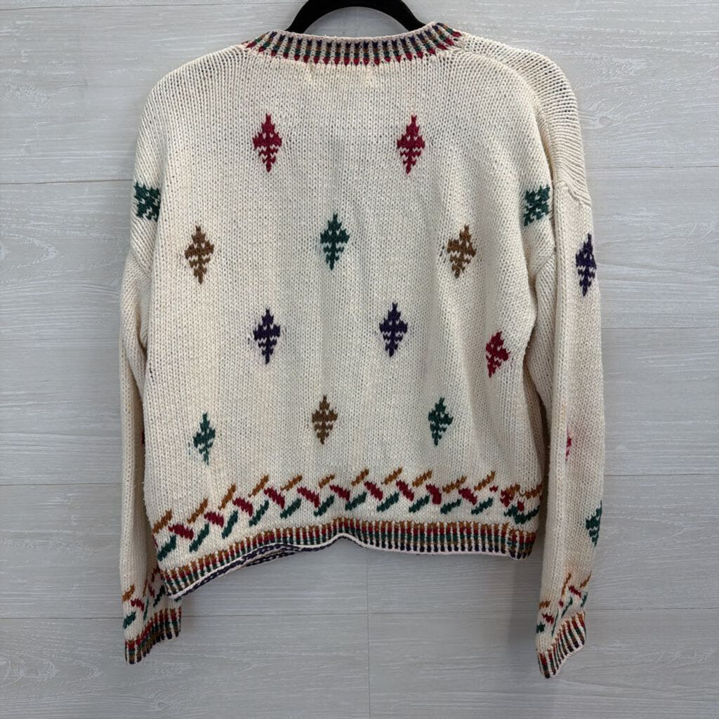 Vintage Allison Smith Cream/ Multi Print Cardigan Sweater Medium