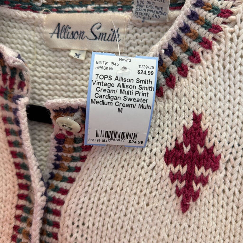 Vintage Allison Smith Cream/ Multi Print Cardigan Sweater Medium
