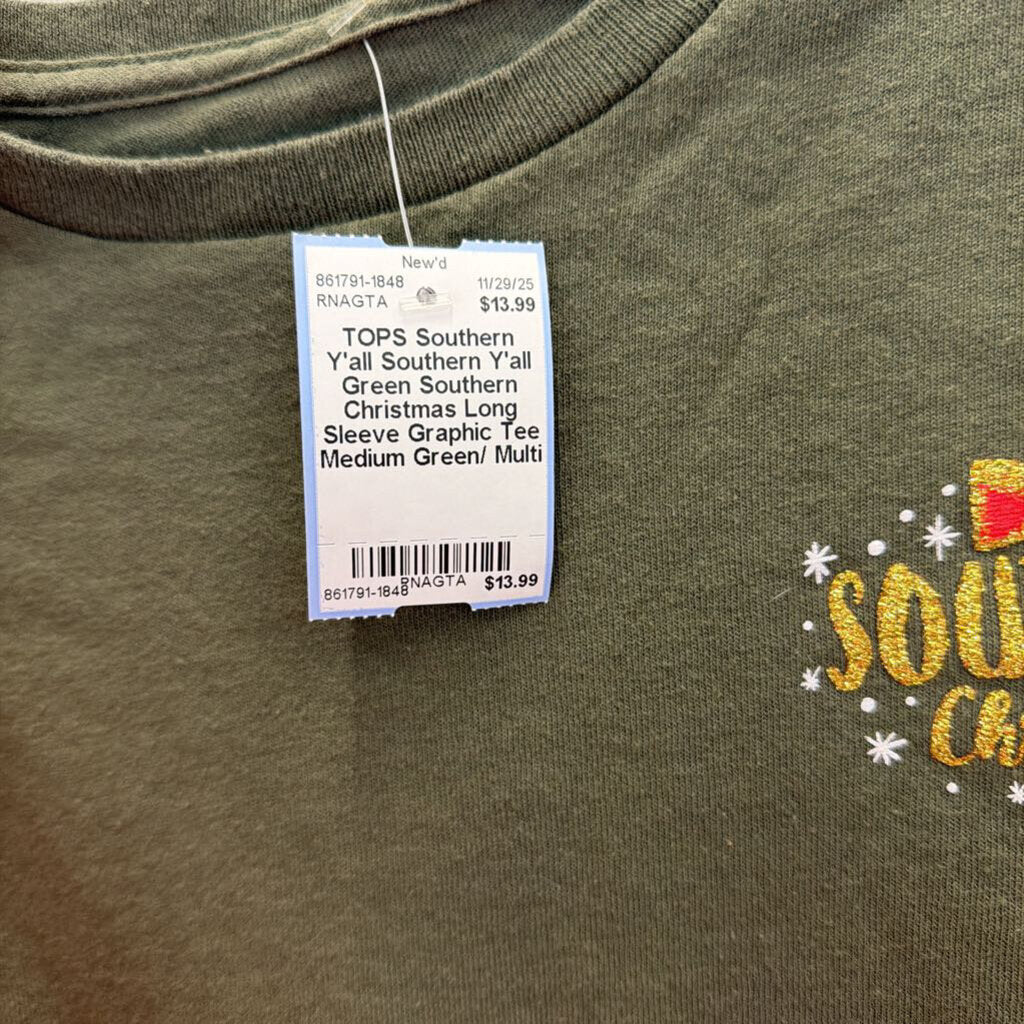 Southern Y'all Green Southern Christmas Long Sleeve Graphic Tee Medium