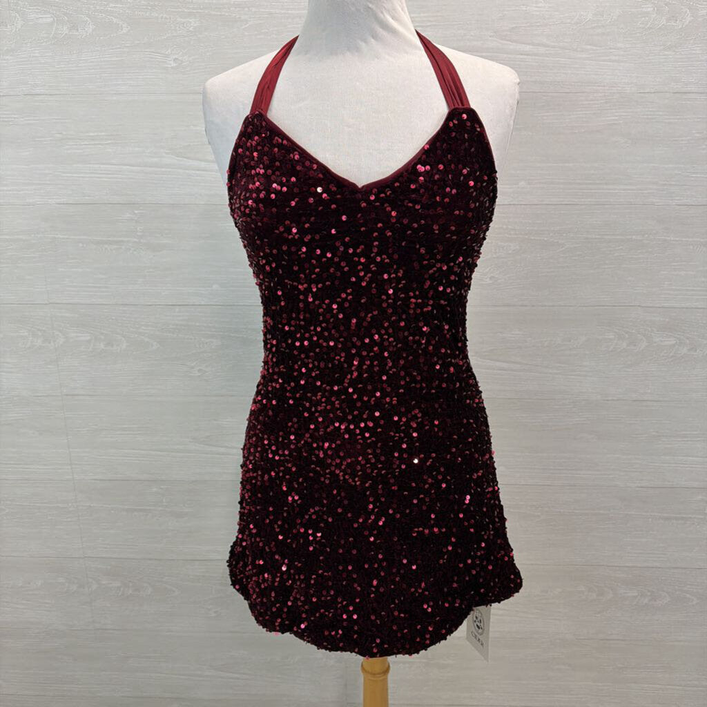 Cider Burgundy Sequin Short Formal Dress Small