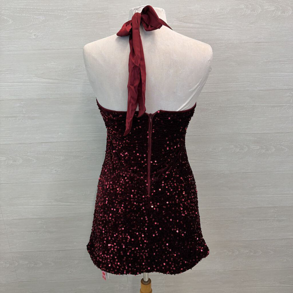 Cider Burgundy Sequin Short Formal Dress Small