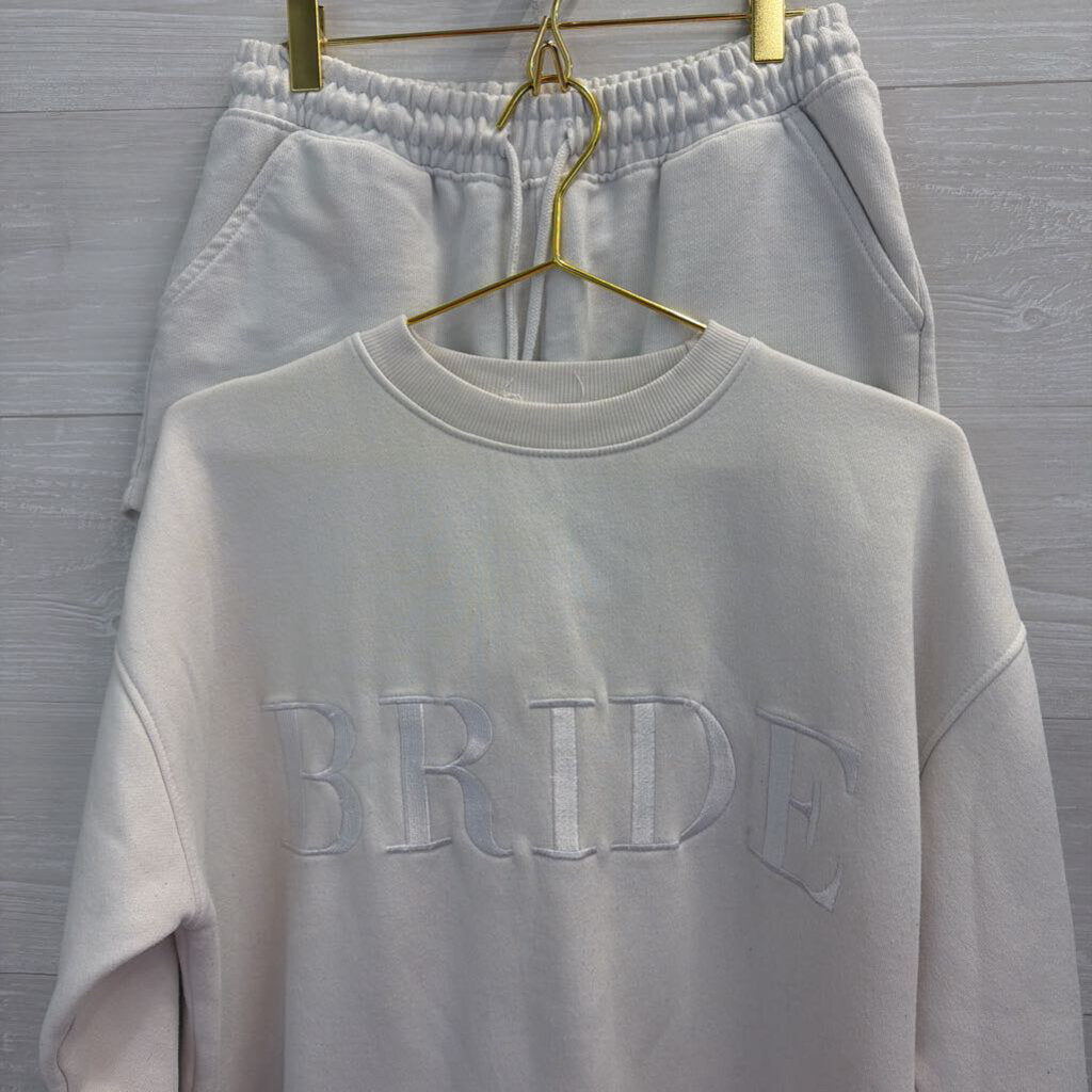 Six Stories White Embroidered Bride Sweatshirt/ Shorts Lounge Set Medium