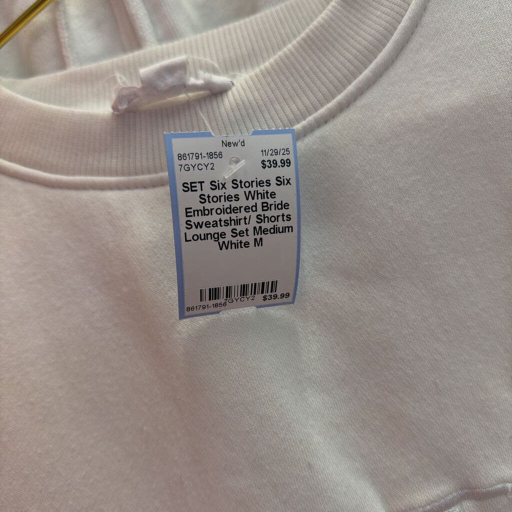 Six Stories White Embroidered Bride Sweatshirt/ Shorts Lounge Set Medium