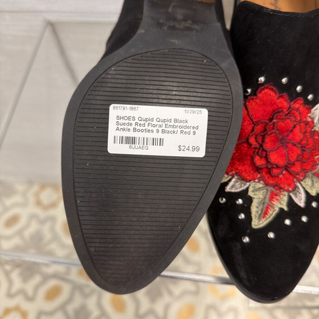 Qupid Black Suede Red Floral Embroidered Ankle Booties 9