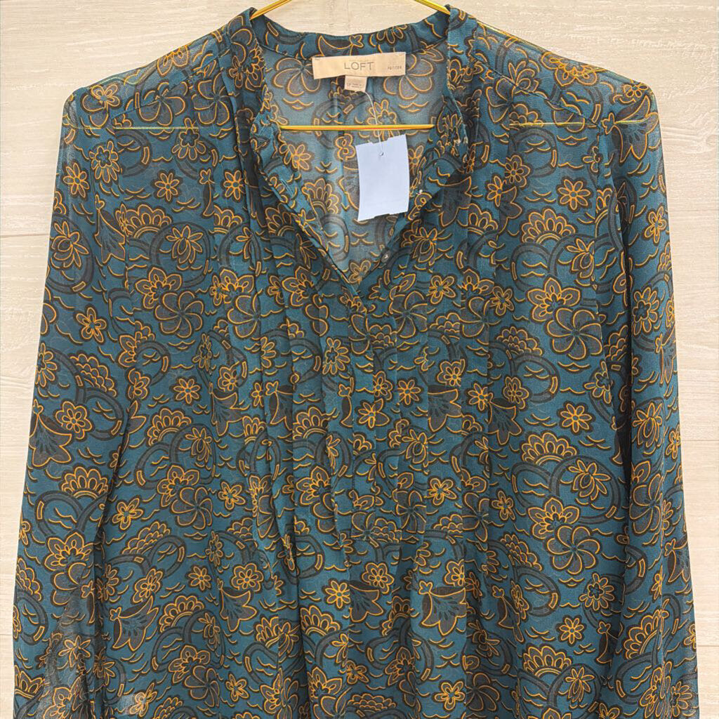 Loft Teal Print Sheer Long Sleeve Top Small Petite