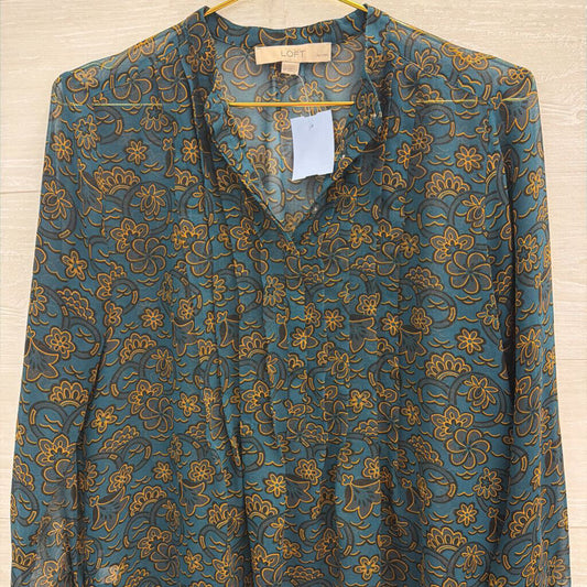 Loft Teal Print Sheer Long Sleeve Top Small Petite