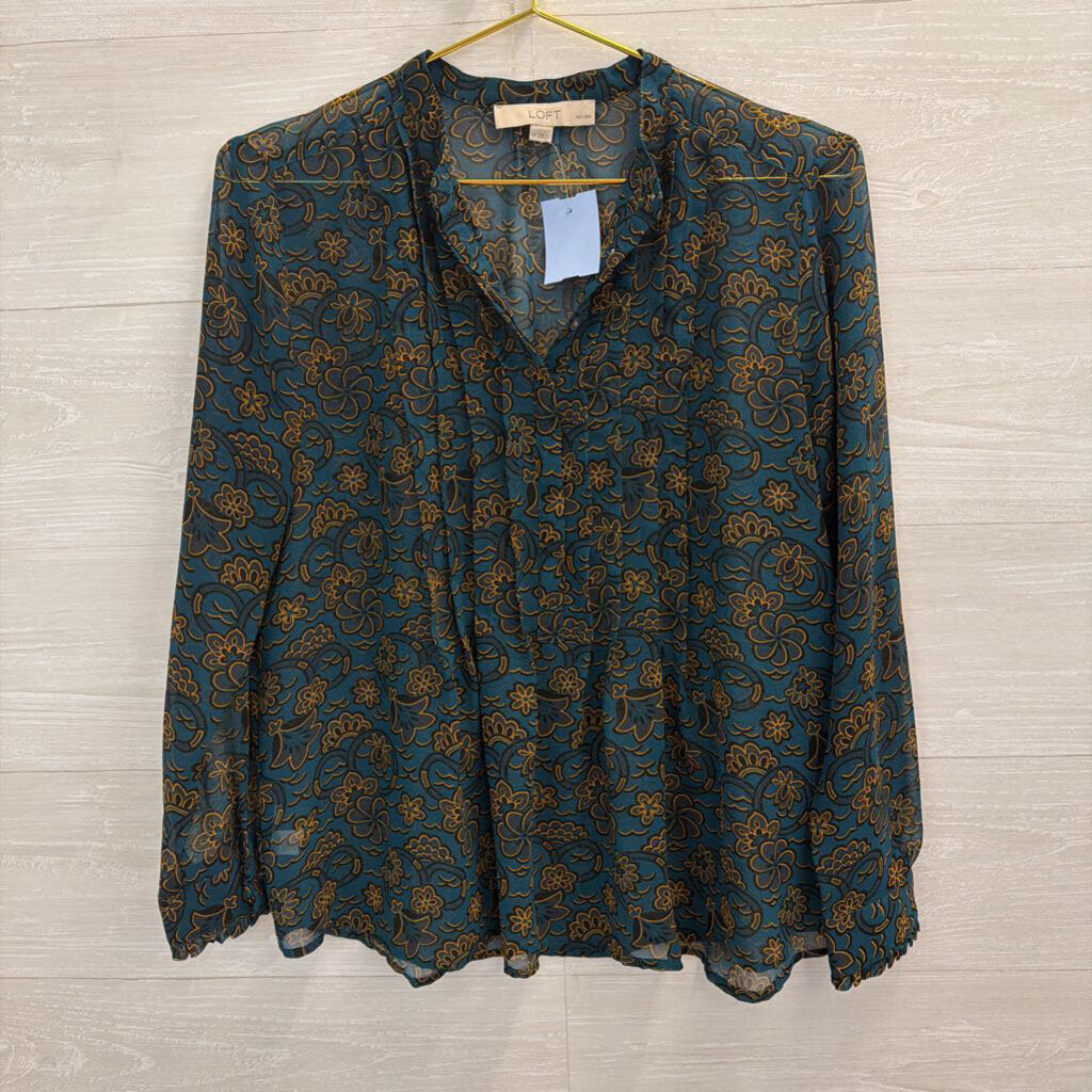 Loft Teal Print Sheer Long Sleeve Top Small Petite
