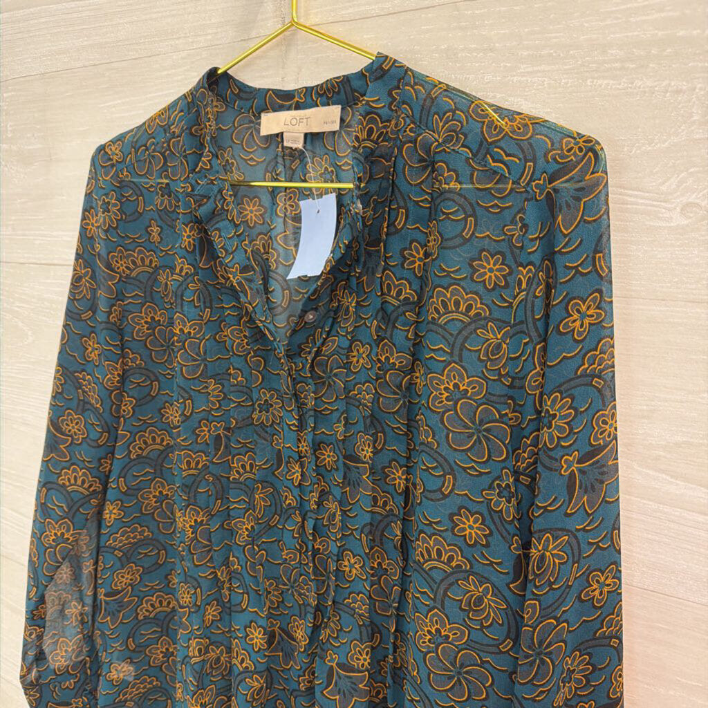 Loft Teal Print Sheer Long Sleeve Top Small Petite