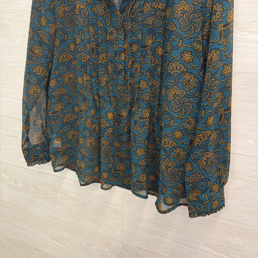 Loft Teal Print Sheer Long Sleeve Top Small Petite