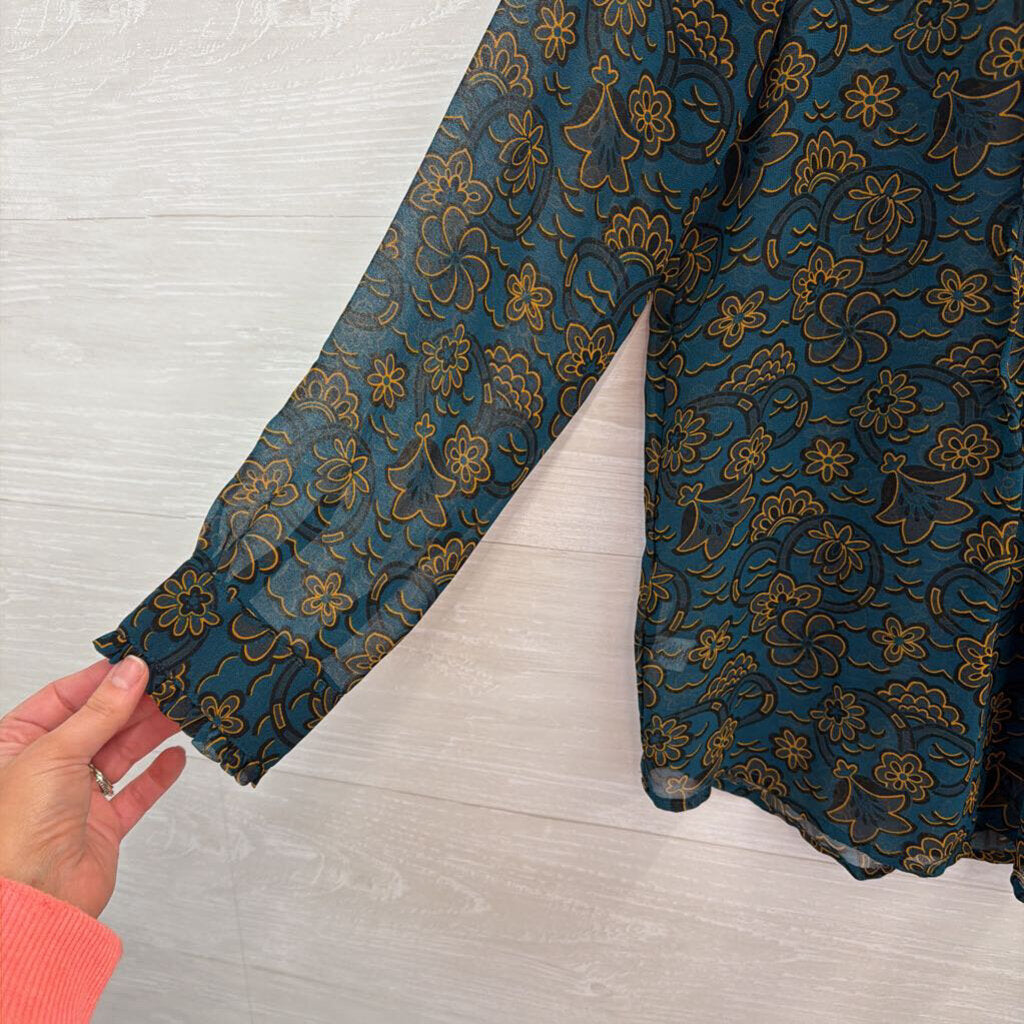 Loft Teal Print Sheer Long Sleeve Top Small Petite