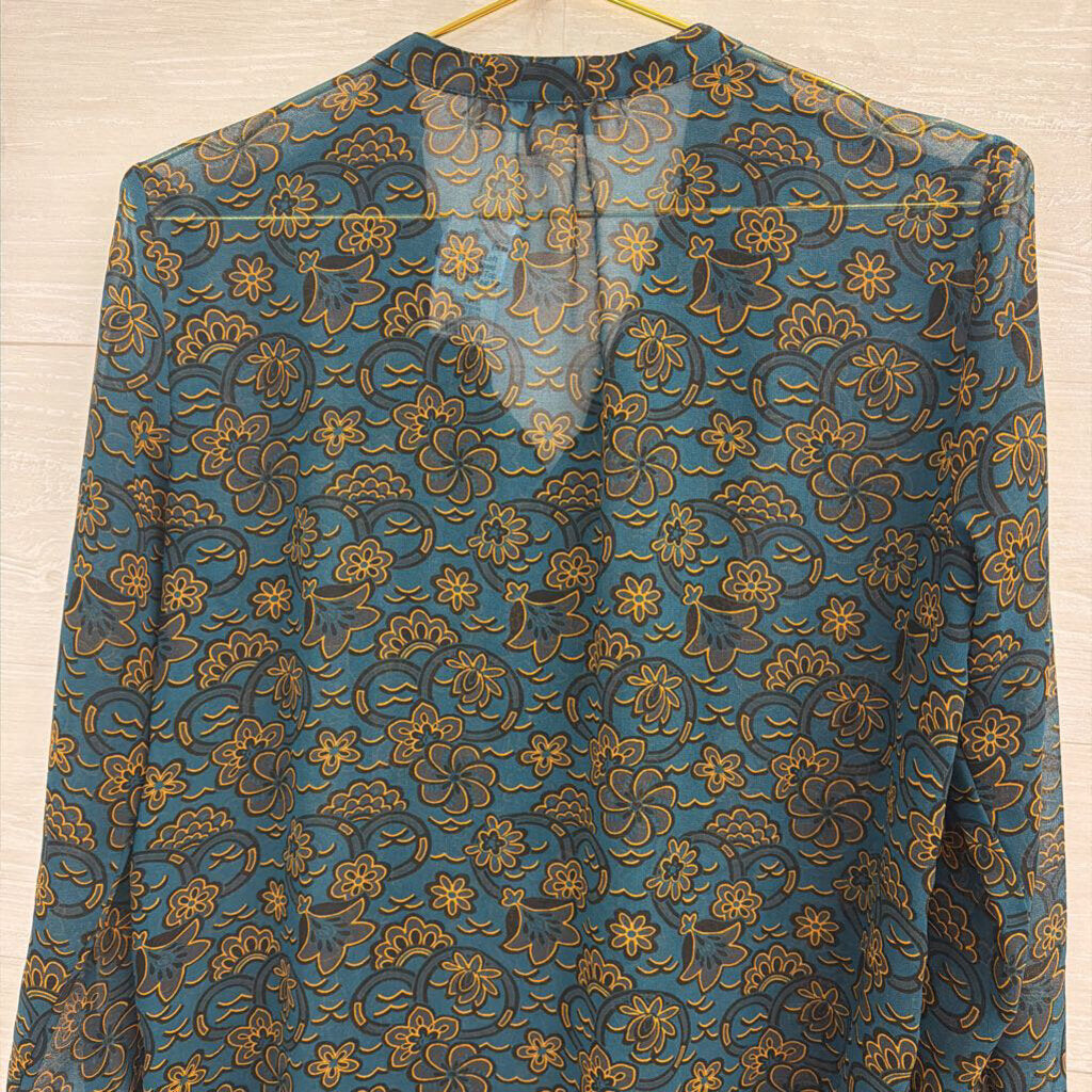 Loft Teal Print Sheer Long Sleeve Top Small Petite
