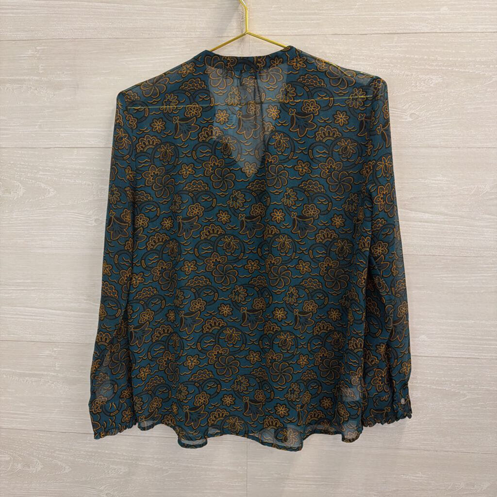 Loft Teal Print Sheer Long Sleeve Top Small Petite