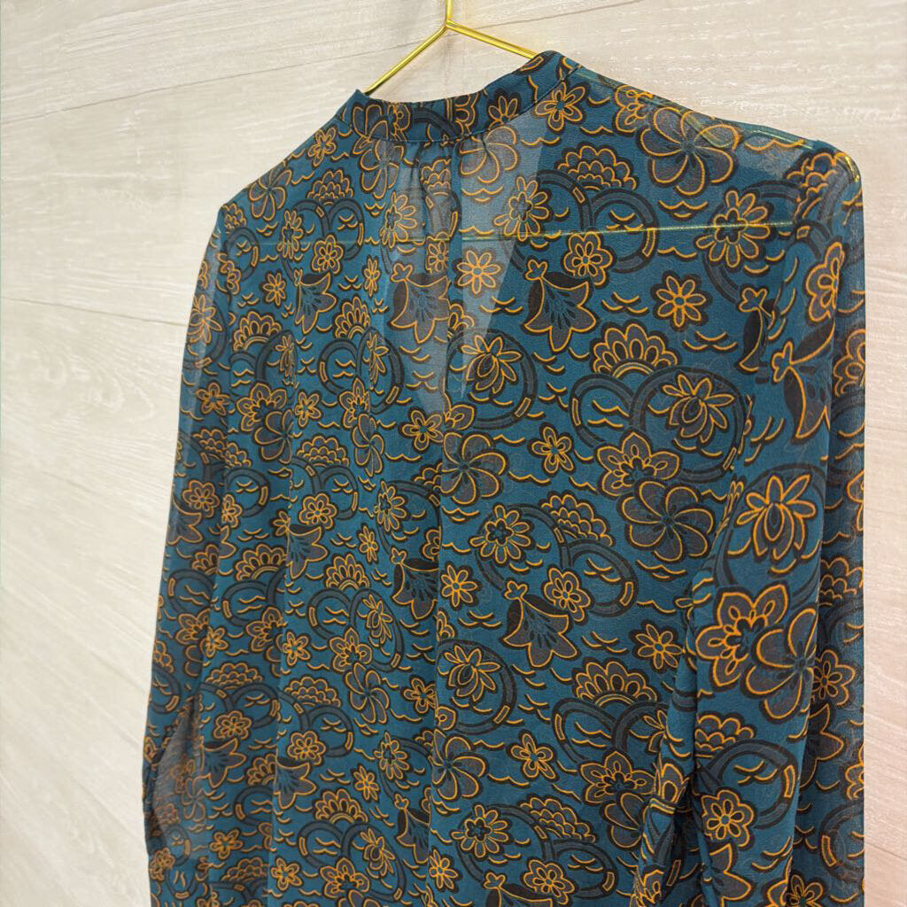 Loft Teal Print Sheer Long Sleeve Top Small Petite