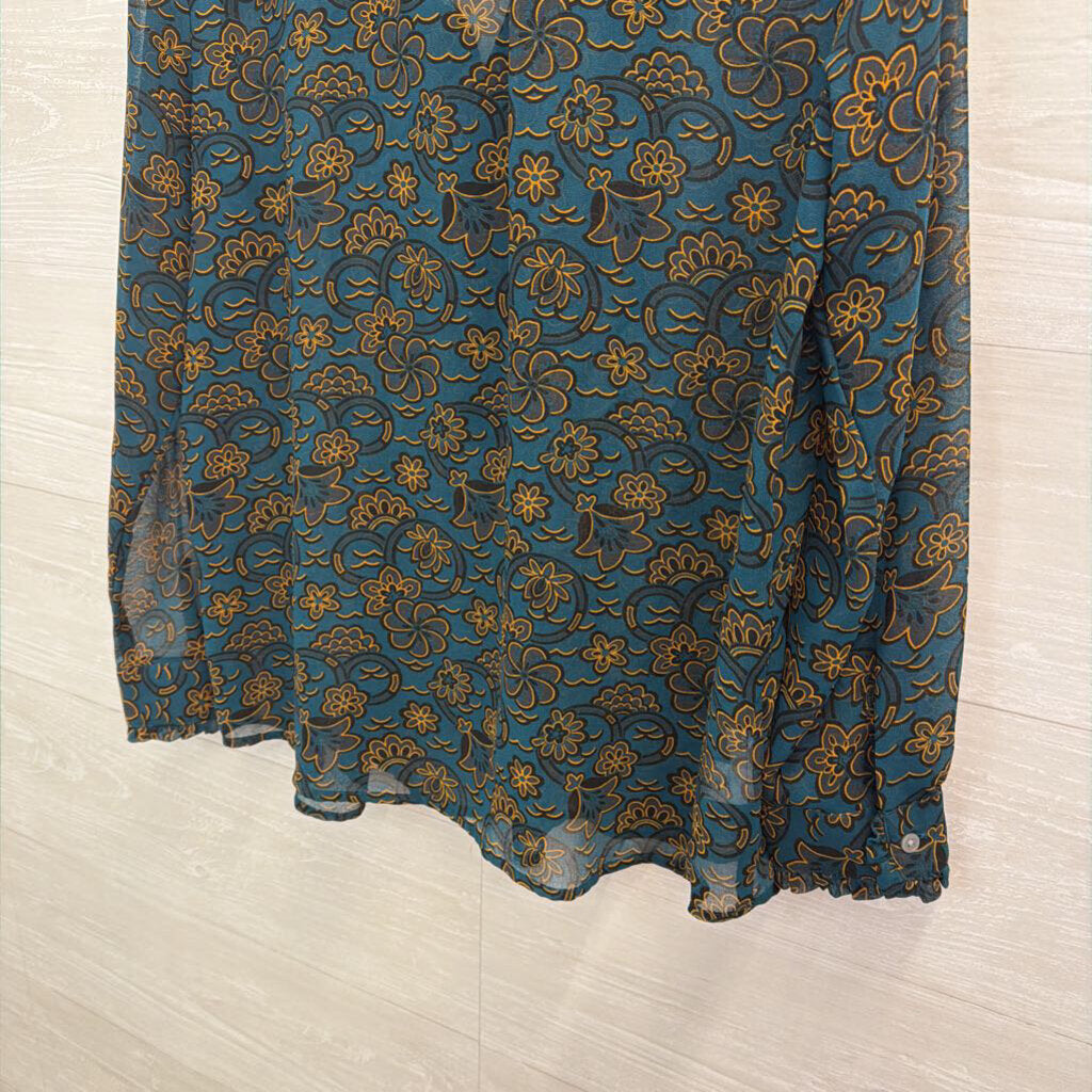 Loft Teal Print Sheer Long Sleeve Top Small Petite